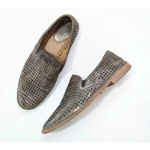 Trask Ali Perforated Pewter Gray Gold Metallic Suede Loafers Size 9.5 36-0634
